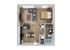 Inviting floor plan with a cozy bedroom, spacious living area, modern kitchen, and stylish bathroom, perfect for comfortable living.