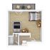 Chic studio apartment floor plan with cozy sleeping area, open living space, compact kitchen, modern bathroom, and private balcony with seating.