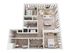 Modern 3D floor plan showcasing a stylish two-bedroom apartment with an open living area, sleek kitchen island, and bright natural lighting.