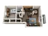 Chic 3D floor plan featuring 1 bedroom with a study area, modern kitchen with island, cozy living room, and elegant dining area, all with contemporary decor.