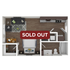 Modern 1-bedroom apartment floor plan featuring spacious living area, stylish kitchen, and elegant bathroom. Sold out status.
