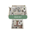 Modern 3D floor plan depicting a vibrant two-bedroom, two-bathroom apartment with an open living area and sleek kitchen, now marked as sold out.