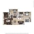 Modern 3D floor plan showcasing a spacious layout with two bedrooms, a cozy living room, dining area, and a gourmet kitchen, ideal for contemporary living.