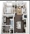 Chic floor plan showcasing 1 bedroom, open-concept living room, modern kitchen, and stylish bathroom with in-unit laundry.