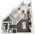 Charming 3D floor plan showcasing a cozy one-bedroom apartment with an open-concept living and dining area, modern kitchen, and private balcony.