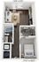 Charming apartment floor plan featuring a cozy living room, sleek kitchen, modern bathroom, spacious bedroom, and walk-in closet with washer and dryer.