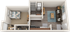 Modern 2D floor plan featuring a spacious bedroom, sleek kitchen with a counter, cozy living area, dedicated study nook, and efficient in-unit washer and dryer.