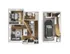 Modern floor plan showcasing a cozy one-bedroom apartment with an open-concept kitchen and living area, stylish bathroom, and a convenient attached garage with interior stairs.