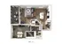 Modern open-concept floor plan with spacious living room, sleek kitchen island, cozy bedroom, and inviting balcony space in Unit 1G.1.
