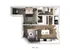 Modern 1B floor plan featuring a cozy bedroom, spacious living area, open kitchen with island, and sleek bathroom.
