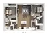 Modern 3D floor plan of Unit 2B showcasing 2 bedrooms, elegant open living area, and sleek kitchen with island seating.