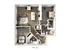Modern 2D floor plan featuring 2 bedrooms, open-concept living room, and a sleek kitchen with island seating.