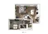 Contemporary 3D floor plan of Unit 1G.1 featuring an open living area, modern kitchen with island, cozy bedroom, and a well-appointed bathroom.