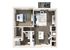 Modern 2D apartment floor plan showcasing a cozy bedroom, stylish open living area, a chic kitchen with island, and a small balcony.