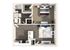 Modern apartment floor plan featuring an open-concept living area, a sleek kitchen with an island, a spacious bedroom, and a chic bathroom.