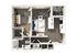 Modern 1-bedroom apartment floor plan featuring an open-concept living area, stylish kitchen with island, cozy bedroom, and a private balcony.