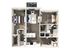 Modern 2D floor plan showcasing two spacious bedrooms, a sleek open kitchen with a breakfast bar, cozy living area, and private balcony.