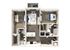 Modern 3D floor plan showcasing two bedrooms, spacious living room, chic kitchen, and cozy balcony.