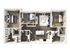 Elegant 3D apartment floor plan showcasing three bedrooms, modern open kitchen with island, cozy living area, and stylish bathrooms.