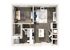 Modern 3D floor plan showcasing a cozy one-bedroom apartment with an open-concept living and dining area, stylish kitchen island, and elegant wood flooring.