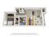 Contemporary 3D floor plan highlighting a cozy bedroom, modern kitchen, and an inviting living room with balcony access.