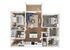Modern 3D apartment floor plan featuring 2 bedrooms, an open living area, and a sleek kitchen with bar seating, complete with a private balcony.