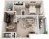 Elegant 3D apartment floor plan featuring a cozy bedroom, stylish kitchen, inviting living area, and charming balcony with outdoor seating.