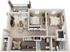 Charming 3D floor plan showcasing 2 cozy bedrooms, an inviting open-concept living room, and a contemporary kitchen with balcony access.