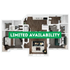 Modern 3D floor plan showcasing 2 bedrooms, 2 bathrooms, open-concept living and dining area, and a sleek kitchen. Limited availability.