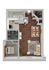 Contemporary 1-bedroom apartment floor plan with open living and dining area, stylish kitchen, and spacious closet.