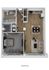 3D floor plan of a one-bedroom apartment with a spacious living area and modern kitchen.