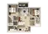 Modern 3D floor plan showcasing two stylish bedrooms, a spacious open-concept living and dining area, and a sleek kitchen with island. Includes a cozy balcony and contemporary bathrooms.