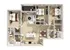 Modern 3-bedroom apartment floor plan with open-concept living area, stylish kitchen, and private balcony.