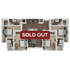 Modern floor plan showcasing a spacious three-bedroom apartment with a central open-concept living area, contemporary kitchen, and two luxurious bathrooms; labeled as sold out.