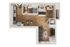 Modern L-shaped studio apartment floor plan showcasing an open-concept layout with a cozy bedroom, sleek kitchen, and inviting living area. Includes a compact bathroom, dedicated workspace, and convenient in-unit washer/dryer.