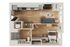 Chic one-bedroom apartment floor plan showcasing an open living and dining area, modern kitchen, and stylish bathroom with warm wood flooring.