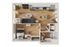 Modern 1-bedroom apartment floor plan featuring an open-concept living area, sleek kitchen, and in-unit laundry, designed with wood flooring and contemporary furnishings.