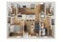 Contemporary 2-bedroom apartment floor plan featuring an open kitchen and living area, stylish bedrooms, and convenient washer/dryer space.
