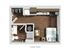Modern studio apartment floor plan showcasing a cozy bedroom, sleek kitchenette, and compact bathroom with elegant wooden flooring.