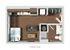 Modern open-concept studio floor plan showcasing a cozy bedroom area, sleek kitchen, and inviting living space, ideal for urban living.