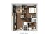 Modern 2D floor plan featuring one bedroom, an open living area with sleek kitchen, inviting dining space, and a cozy living room, complemented by a stylish bathroom.