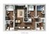 Modern 3-bedroom apartment floor plan with open living area, elegant kitchen, and two stylish bathrooms.