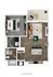 Contemporary 2D floor plan showcasing a spacious one-bedroom apartment with an open-concept kitchen, inviting living area, and stylish bathroom.