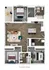 Modern 2D floor plan showcasing two elegant bedrooms, open living area with stylish furnishings, sleek kitchen with island, and two bathrooms, ideal for contemporary living.