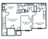 Modern floor plan showcasing two bedrooms, spacious living room, dining area, kitchen, and two baths with large walk-in closet.