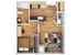 Contemporary 1-bedroom apartment floor plan with modern kitchen island, cozy living area, and compact bathroom.