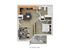 Modern floor plan showcasing 1 bedroom with attached bathroom, an open-concept kitchen with dining area, cozy living room, and a private balcony.