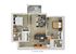 Modern floor plan showcasing 2 bedrooms, sleek kitchen with island, open living area, and private balcony.