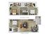 Modern two-story apartment floor plan showcasing two bedrooms, two bathrooms, and an open-concept kitchen and living area with stylish furnishings.