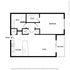 Modern floor plan highlighting a spacious bedroom with walk-in closet, sleek kitchen, open living area, and balcony access.